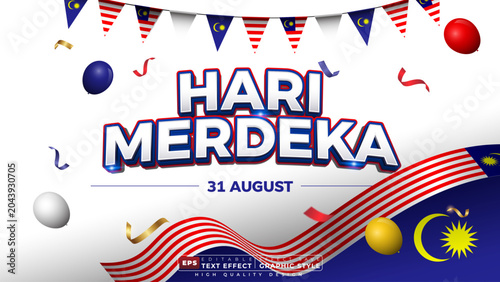 Editable 3d text effect hari merdeka malaysia with national color for banner and poster template design