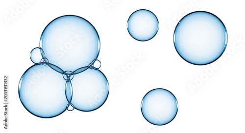 Transparent Blue Soap Bubbles Floating on Clean White Background