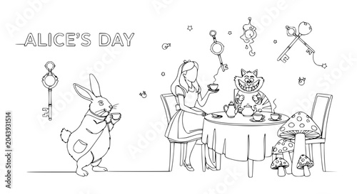 Alice's Day: Rabbit and Cheshire Cat enjoy tea party with keys and mushrooms.