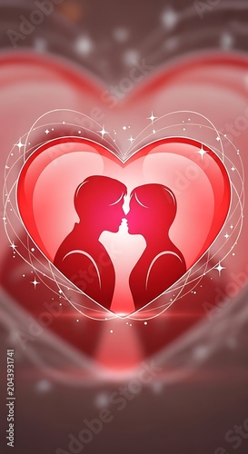 Romantic Couple Silhouettes Facing Each Other Inside Glowing Red Heart Illustration
