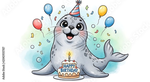Cute Smiling Seal Celebrating Birthday with Cake Balloons and Confetti on White Background