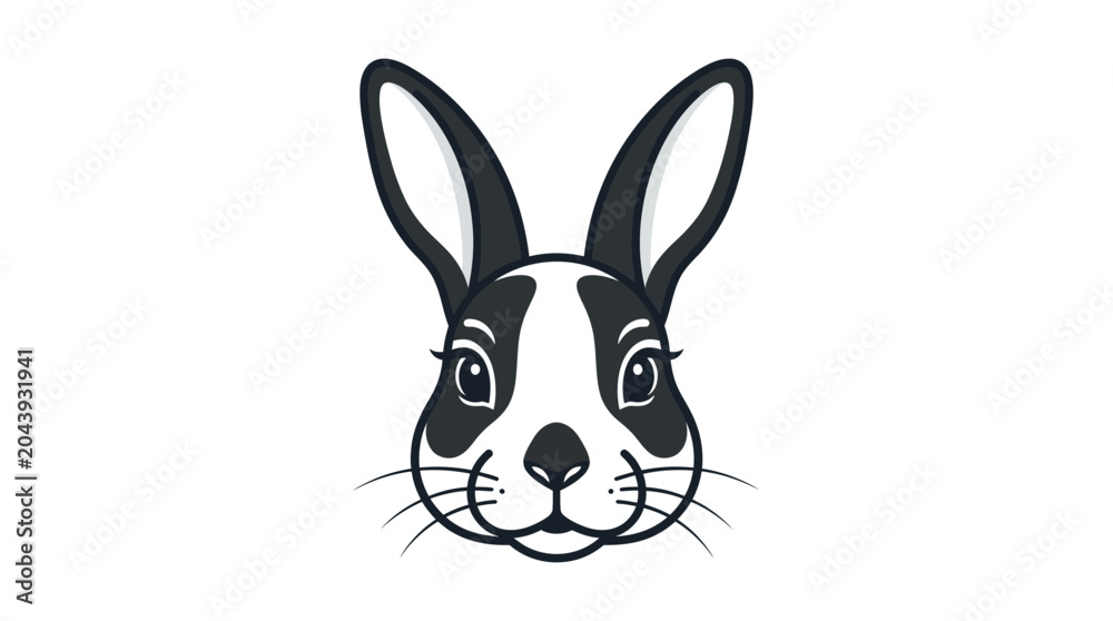 Obraz premium Cute Cartoon Rabbit Face Illustration, Black and White Bunny Portrait