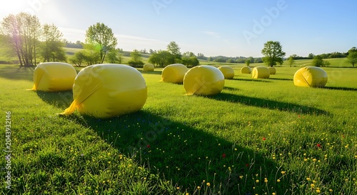 Yellow Wrapped Hay Bales Scattered Across Sunny Green Meadow