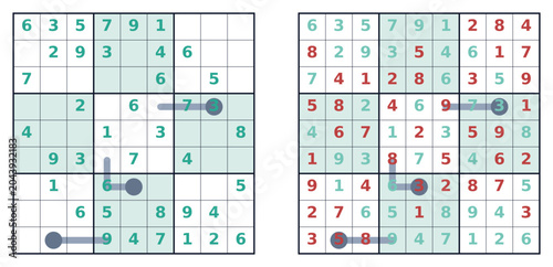 фотографія Sudoku puzzles with filled numbers and guiding pathways illustration