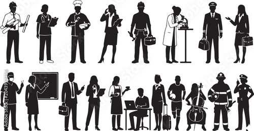 black silhouettes of diverse professionals representing various occupations and careers in the modern workforce