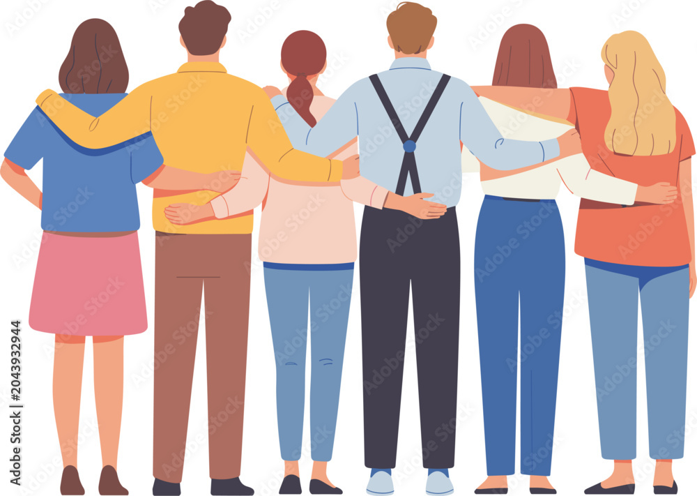 Fototapeta premium Group of friends hugging from behind, unity support concept, teamwork friendship diversity, people together vector illustration
