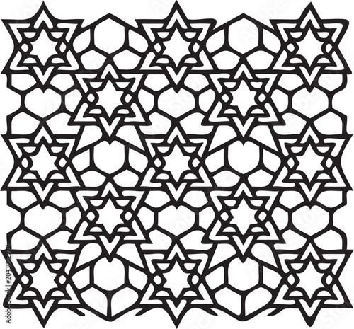 Foto Seamless pattern with black line art star of david and geometric hexagon shapes