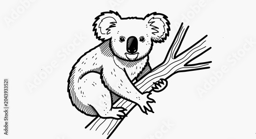 Photography Cute Koala Illustration on Tree Branch, Hand-Drawn Style