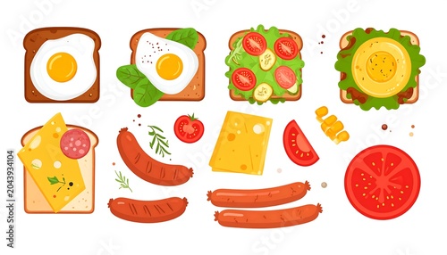 Colorful Breakfast Sandwich Ingredients Arranged on White Background
