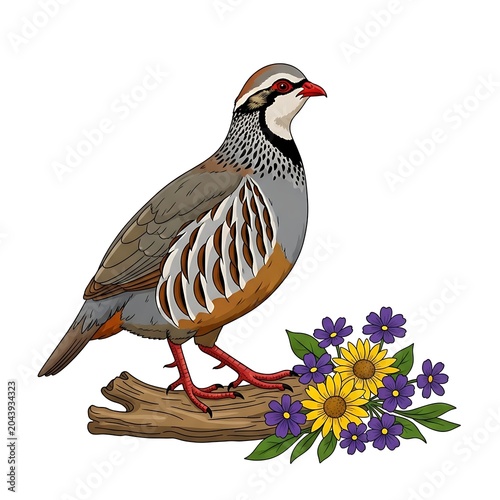 Detailed Chukar Partridge Standing on Branch Beside Colorful Wildflowers