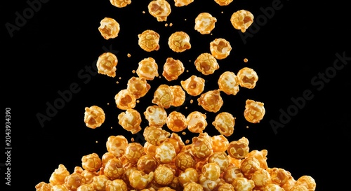 Golden caramel popcorn falling against black background food photography
