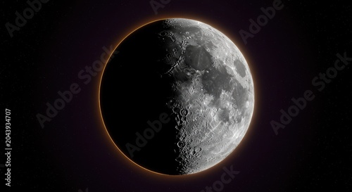 Half moon illuminated against dark background depicting lunar surface details