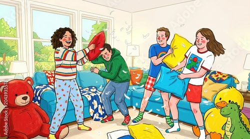 Pillow fight takes place in a living room with friends enjoying a fun moment during a rainy afternoon