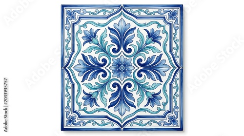 Blue and teal floral tile with ornate border