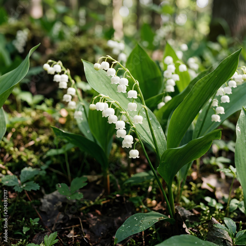 Closeup of blooming Lily of the Valley flowers in the forest.