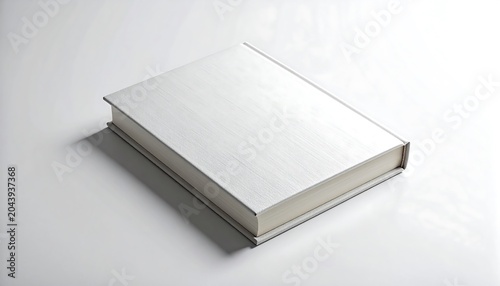 A closed white book lies on a plain surface indoors.