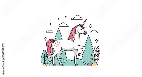 Whimsical Unicorn in Forest Glade Scene.