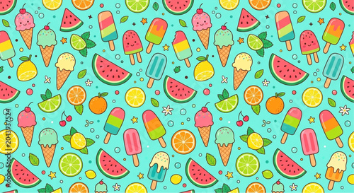 Colorful summer food icons, seamless pattern of ice cream, fruit and sweets, turquoise background, vector illustration