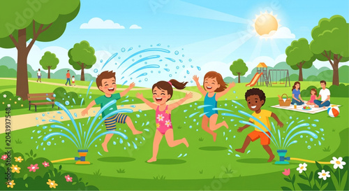 Summer fun, kids playing, sprinkler park, outdoor recreation, children laughing