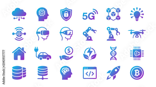 Foto Technology Icons Set with Blue Network, Security, Cloud, Ai Brain, Blockchain an