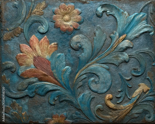 Ornate Floral Carving with Antique Patina and Rich Textures.