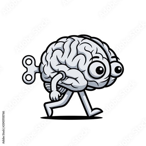 Foto A cartoon brain character with a wind-up key walking on a white background