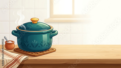 Steaming teal pot on wooden kitchen counter with copy space