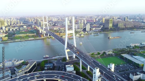 Aerial View of Cable Stayed Bridge Over River in Shanghai City in Shanghai, China
