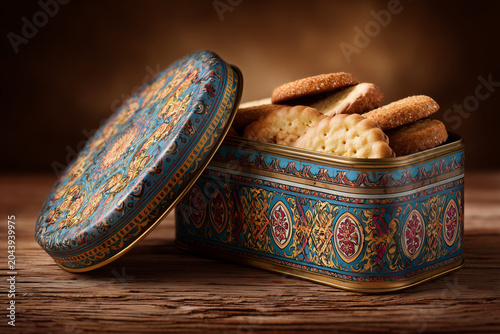 Antique biscuit tin with decorative metal tin