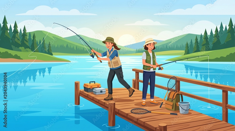 Naklejka premium Two young women fishing from a wooden log over a calm river vector illustration – outdoor adventure travel, lakeside camping branding, and friendship concept.