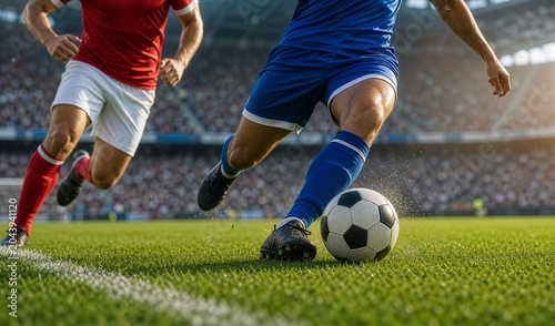 Intense soccer match action: Close-up of a player in blue striking the ball on a green pitch, with a defender in red chasing in a packed stadium