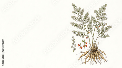 Shatavari plant botanical illustration with tuberous roots and berries