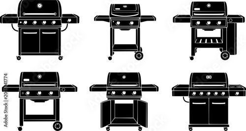 Set of black and white gas barbecue grill silhouettes illustration vector
