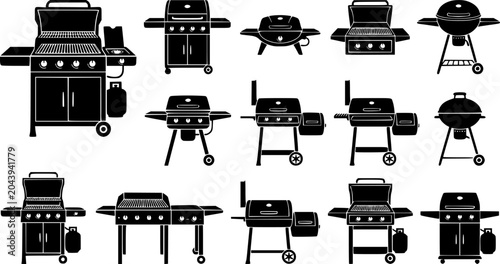 Set of black and white gas barbecue grill silhouettes illustration vector
