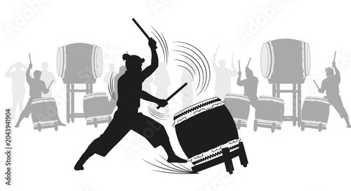 Tableau sur toile Man playing large Japanese Taiko drum.