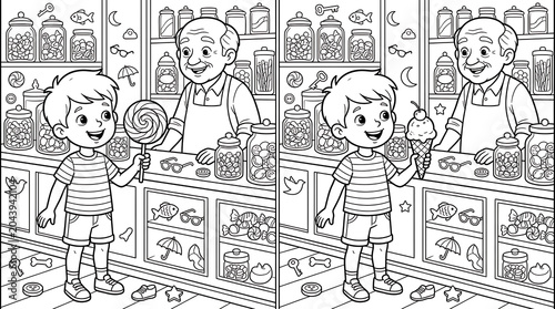 Spot the difference puzzle of a boy at a candy store counter