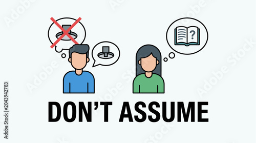 Obraz na płótnie Conceptual illustration of Don't Assume featuring a man and woman with speech bubbles representing misunderstandings and the need for knowledge and clarification in communication