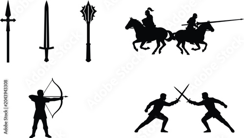 Konstfotografi Medieval combat and weapon silhouette collection featuring knights, archers, and