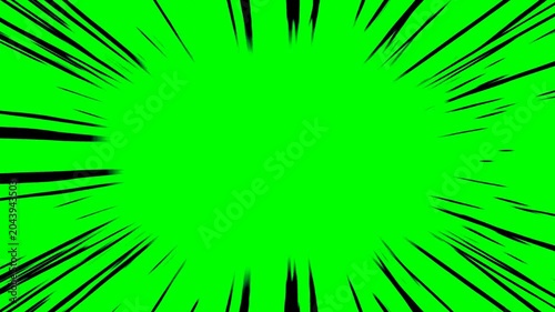 Manga zoom lines: dynamic speed lines with a cartoon-style effect. Comic book black radial lines overlaid on a green background.