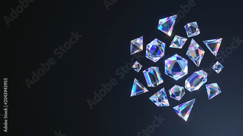 Iridescent geometric crystals on dark background with copy space