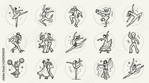 Set of hand drawn dance styles icons and characters.