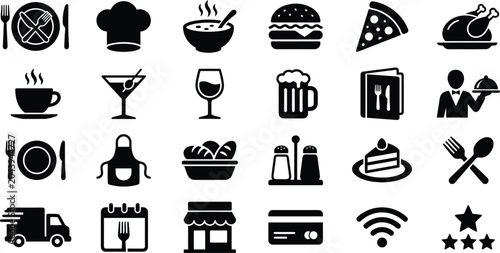 Set of restaurant and food delivery service icons with restaurant delivery pictograms interface
