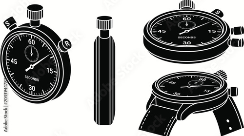 Set of monochrome stopwatch and wristwatch illustrations in various angles.