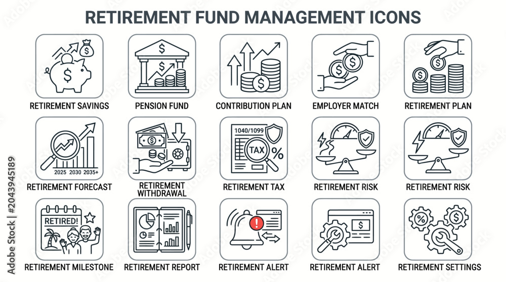 Fototapeta premium Set of Retirement Fund Management Icons for Financial Planning.