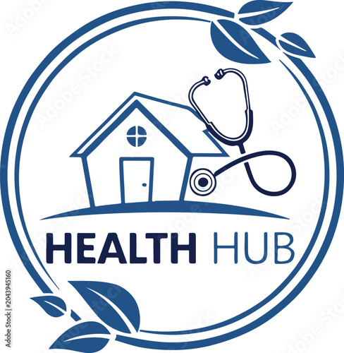Healthcare symbol with house and stethoscope in circle with leaves for medical clinic branding