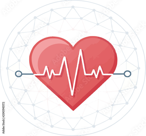 Heartbeat cardiogram graph in a stylized red heart with a connecting grid background vector illustration