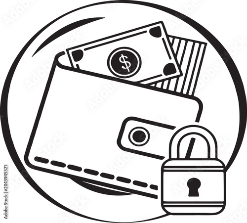Secured Wallet with Currency and Padlock in Circle Conceptual Vector Illustration