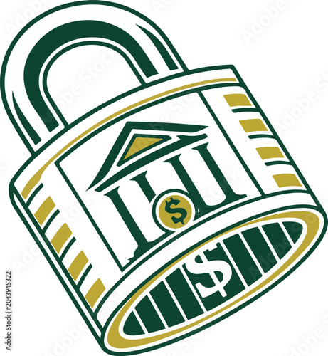 Secure bank building padlock with dollar symbol during financial security concept vector illustration