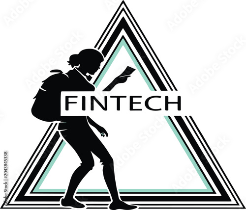 Woman with backpack using mobile phone inside triangle fintech concept vector illustration