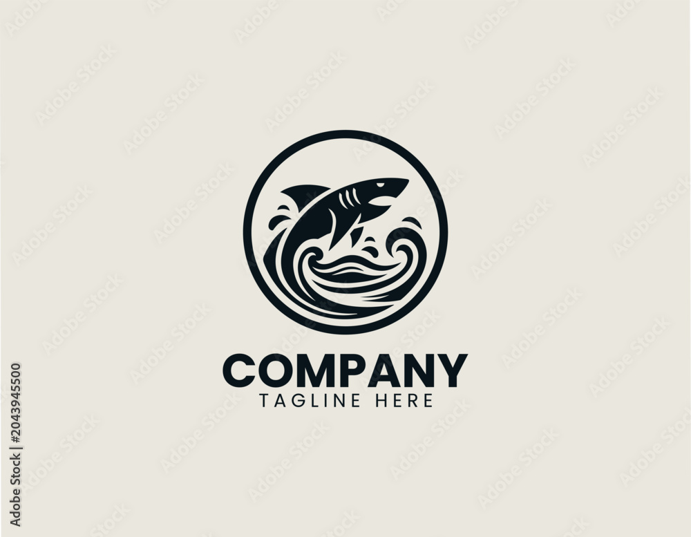 Fototapeta premium Shark fin emerging from ocean waves in black vector logo illustration style